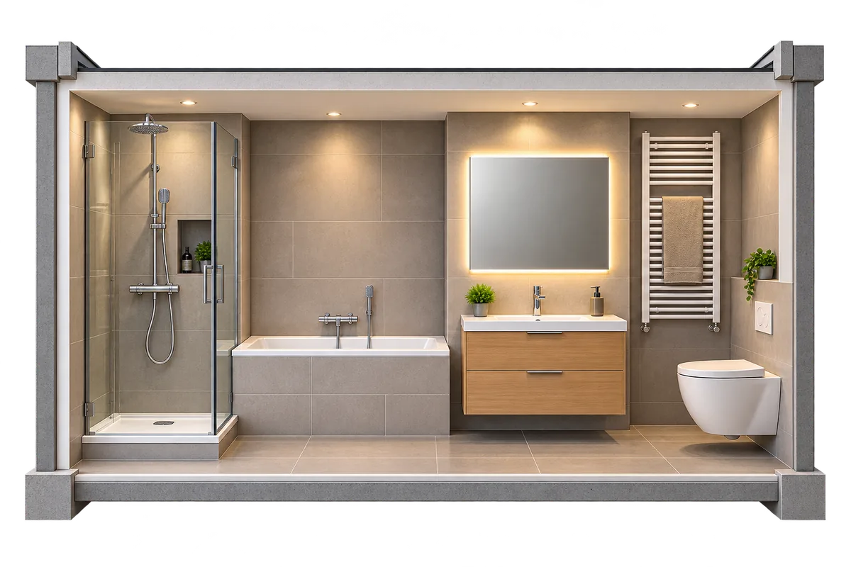 Doorsnede van een badkamer met douche, badmeubel, toilet en handdoekradiator
