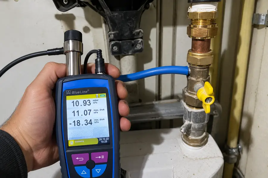 Drukmeting met een digitale drukmeter op de gasleiding bij een dichtheidstest