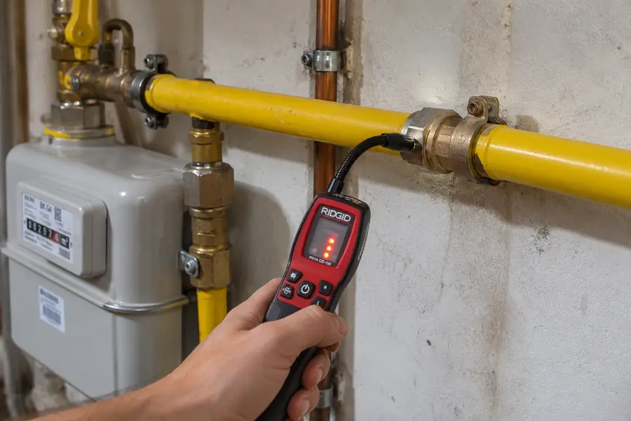Monteur spoort met een gasdetector een gaslek op bij een koppeling in de gasleiding