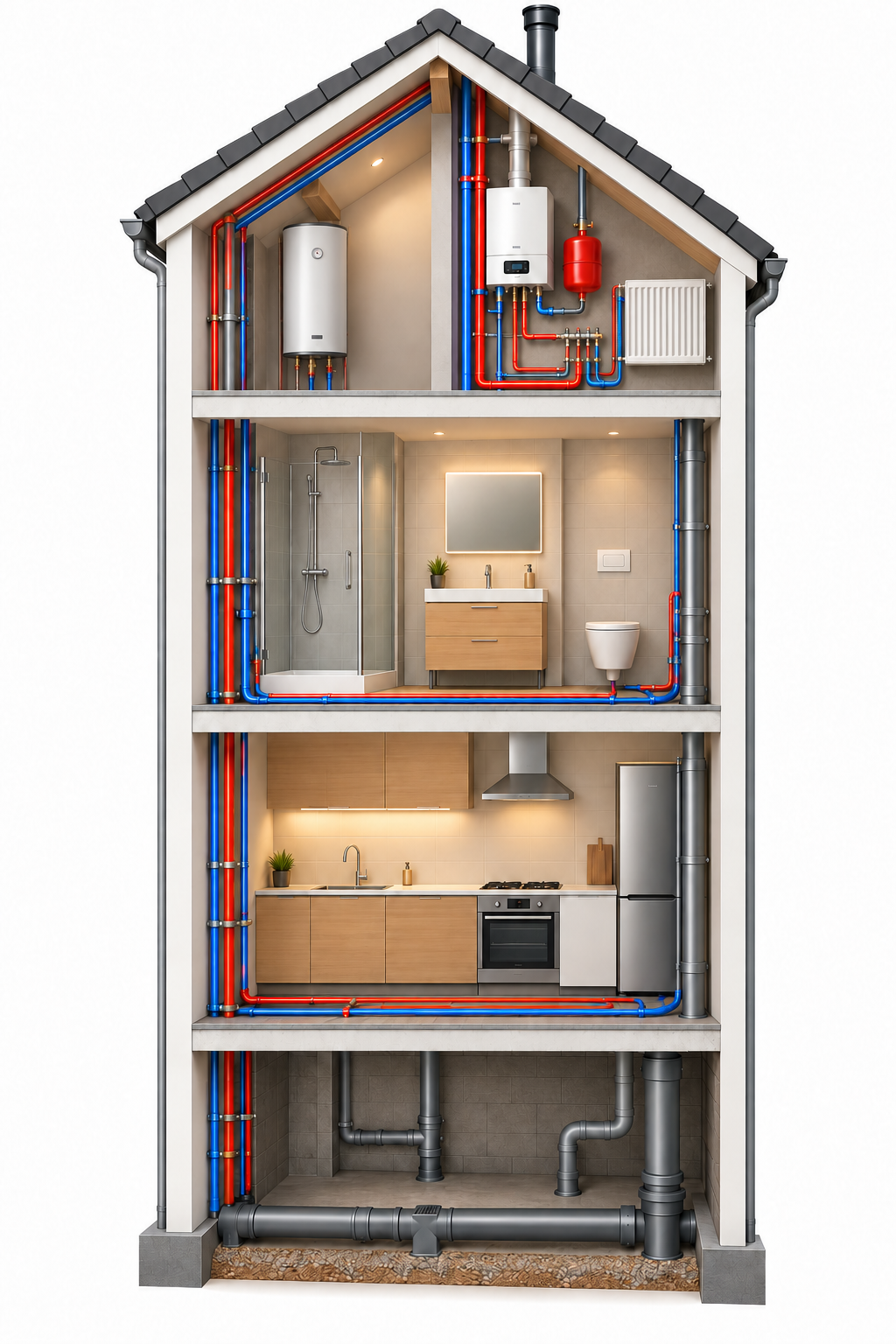 Doorsnede van een woning met boiler, cv-ketel, badkamer, keuken en riool