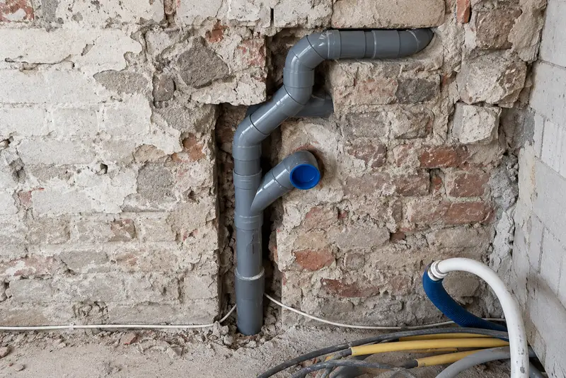 Nieuw aangelegde grijze pvc-afvoer in een opengehakte muur