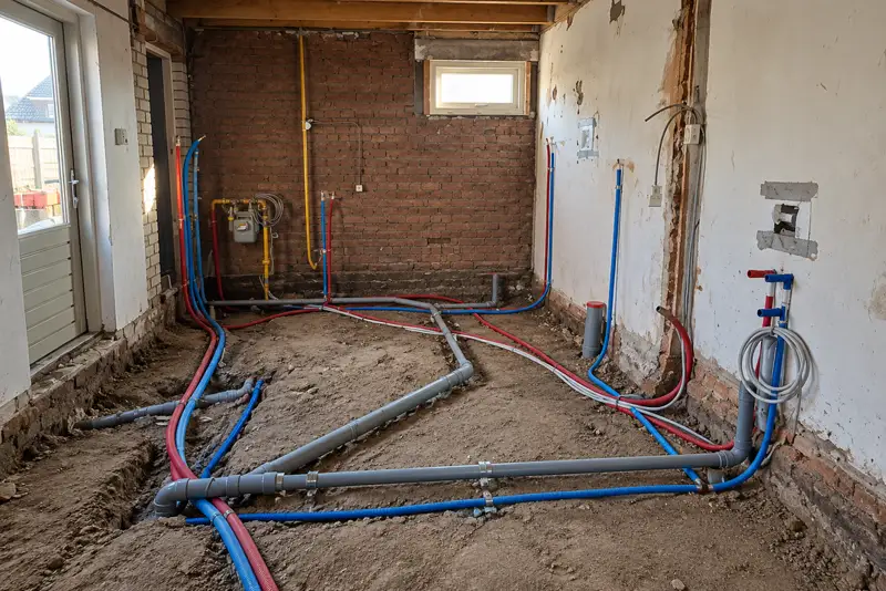 Verbouwing met nieuw leidingwerk voor water, afvoer en gas in de vloer en langs de wanden