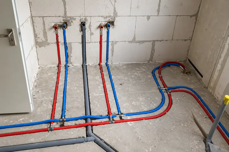 Nieuwe waterleidingen voor koud en warm water en een grijze afvoer in een badkamer in aanbouw