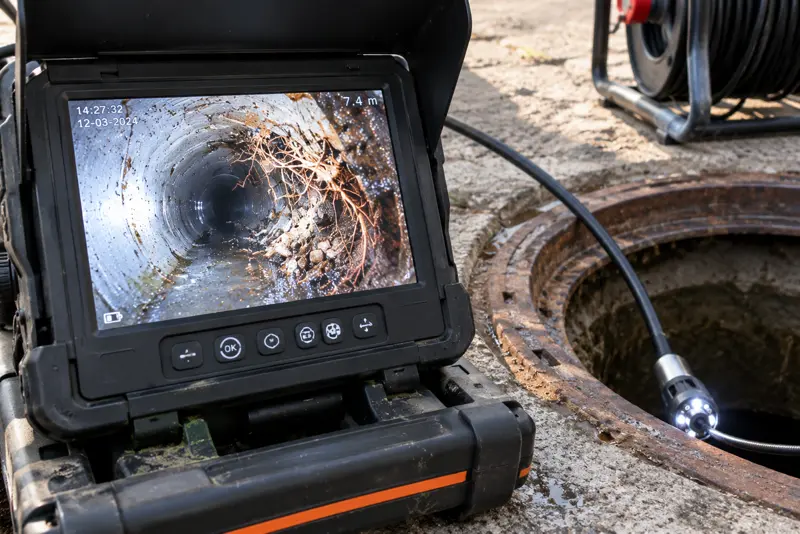 Camera-inspectie van het riool met beeld op een scherm