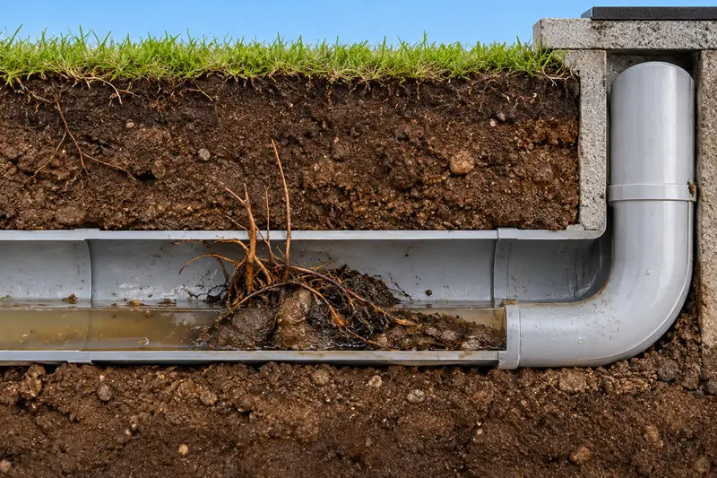Rioolbuis verstopt door boomwortels en vuil